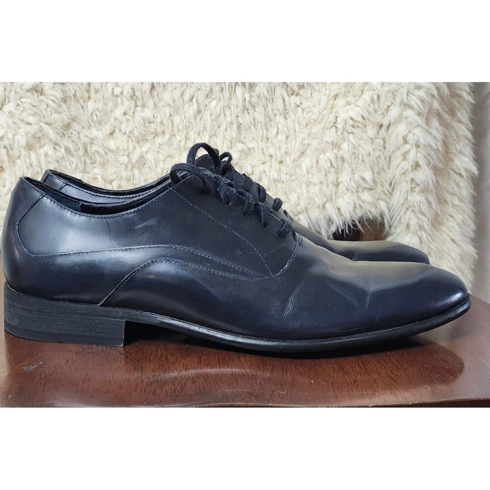 Calvin Klein Von Mens 10 Black Leather Oxford Dress Shoes Almond Toe Minimalist